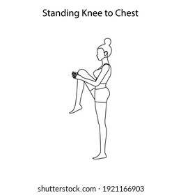 Standing knee to chest pose yoga workout outline on the white background. Vector illustration