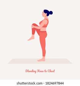 Standing Knee To Chest. Young Woman Practicing Yoga Pose. Woman Workout Fitness, Aerobic And Exercises. Vector Illustration.