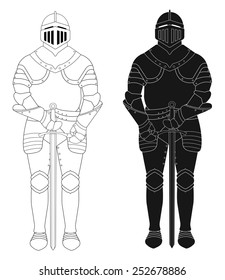 Standing knight medieval armor statue. Vector clip art illustration isolated on white. Contour lines, silhouette