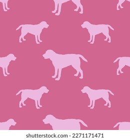 Standing labrador retriever puppy isolated on a pink background. Seamless pattern. Dog silhouette. Endless texture. Use for wallpaper, fabric, template, surface design. Vector illustration.