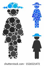 Standing lady composition for standing lady icon of filled circles in various sizes and color hues. Vector random circles are united into blue composition.