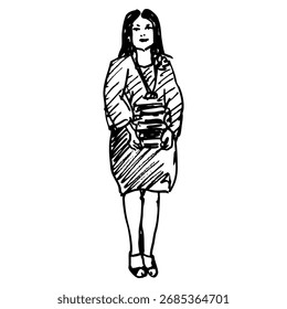 Standing lady holding a a stack of books. Hand drawn linear doodle rough sketch. Black and white silhouette.
