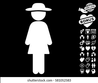 Standing Lady icon with bonus marriage design elements. Vector illustration style is flat iconic white symbols on black background.
