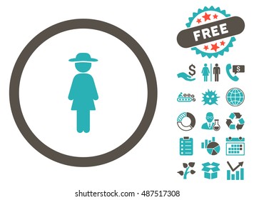 Standing Lady icon with free bonus pictograph collection. Vector illustration style is flat iconic bicolor symbols, grey and cyan colors, white background.