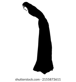 Standing lady in a long dress leaned forward. Black and white silhouette. Hand drawn sketch.
