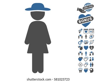 Standing Lady pictograph with bonus decorative pictures. Vector illustration style is flat iconic cobalt and gray symbols on white background.