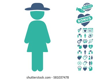 Standing Lady pictograph with bonus love pictograph collection. Vector illustration style is flat iconic cobalt and cyan symbols on white background.