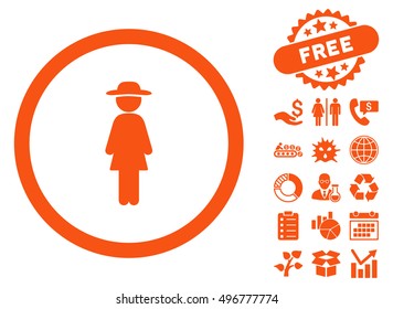 Standing Lady pictograph with free bonus images. Vector illustration style is flat iconic symbols, orange color, white background.