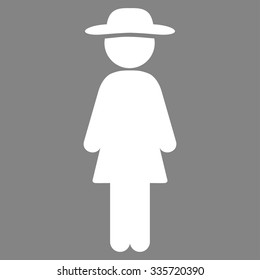 Standing Lady vector icon. Style is flat symbol, white color, rounded angles, gray background.