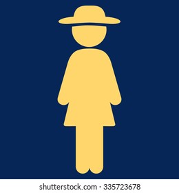 Standing Lady vector icon. Style is flat symbol, yellow color, rounded angles, blue background.
