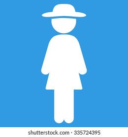Standing Lady vector icon. Style is flat symbol, white color, rounded angles, blue background.