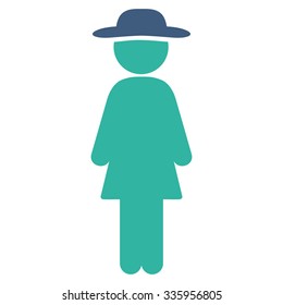 Standing Lady vector icon. Style is bicolor flat symbol, cobalt and cyan colors, rounded angles, white background.