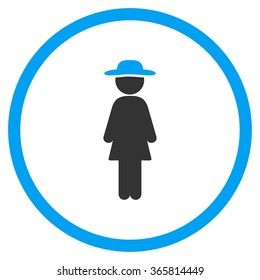Standing Lady vector icon. Style is bicolor flat circled symbol, blue and gray colors, rounded angles, white background.