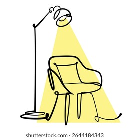 Standing Lamp and Chair one line drawing. Standing Lamp and Chair single line illustration. Standing Lamp and Chair minimalist line art. Standing Lamp and Chair vector art
