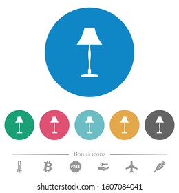 Standing lampshade flat white icons on round color backgrounds. 6 bonus icons included.