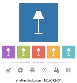 Standing lampshade flat white icons in square backgrounds. 6 bonus icons included.