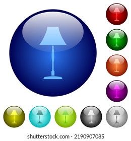 Standing lampshade icons on round glass buttons in multiple colors. Arranged layer structure