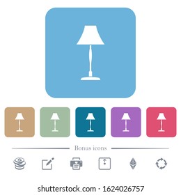 Standing lampshade white flat icons on color rounded square backgrounds. 6 bonus icons included