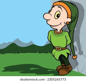 Leprechaun de pie con un traje verde con una larga gorra en la cabeza - Ilustración de dibujos de color con fondo, vector