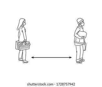 Standing in line at supermarket and keeping social distance