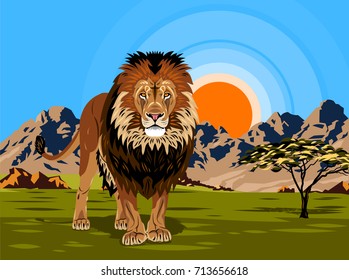 A standing lion against the background of the savannah and mountains