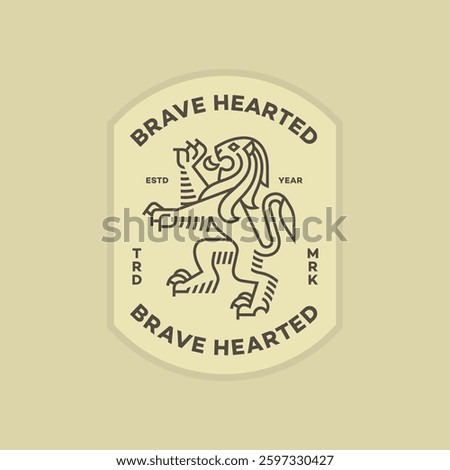 Standing lion heraldic logo design template. Linear graphic style. Vector illustration.