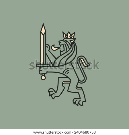Standing lion with sword and crown heraldic logo design template. Linear graphic style. Vector illustration.
