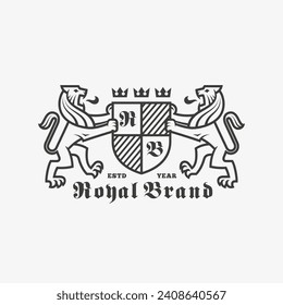 Stehlions mit Schild und Kronen heraldisches Logo-Design-Vorlage. Linearer Grafikstil. Vektorgrafik.