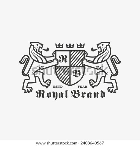 Standing lions with a shield and crowns heraldic logo design template. Linear graphic style. Vector illustration.