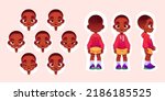 Standing little boy and his face with different emotions. Vector cartoon illustration of cute child in front, side and back view. Facial expression set of african american kid