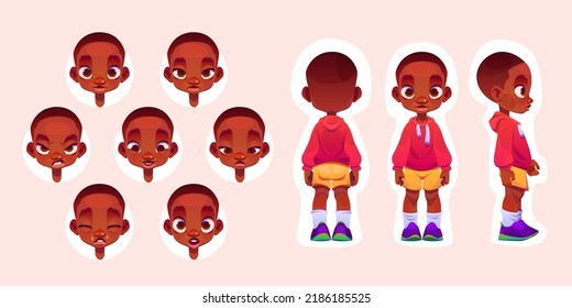 Standing little boy and his face with different emotions. Vector cartoon illustration of cute child in front, side and back view. Facial expression set of african american kid