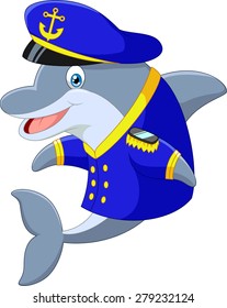 Standing little cartoon Dolphin using uniform Captain