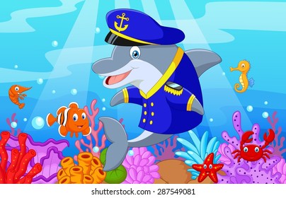 Standing little cartoon Dolphin using uniform Captain with collection fish