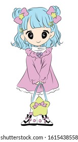 A standing little girl, a shy little girl, a girl holding a star-shaped bag