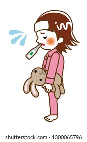 Standing Little girl who put clinical Thermometer into mouth - line art