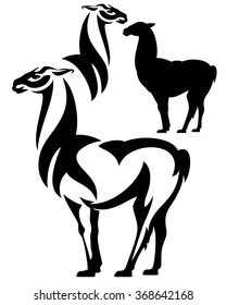 standing llama black and white vector design set - outline and silhouette