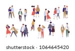 Standing lonely single girl surrounded by happy romantic couples walking together or pairs of men and women on date. Flat cartoon characters isolated on white background. Colorful vector illustration.