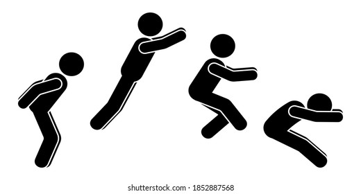 Standing long jump position stick figure sportsman vector icon illustration set. Leap sequence move silhouette