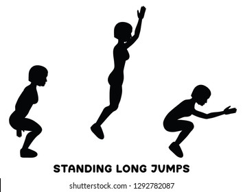 Standing long jumps. Sport exersice. Silhouettes of woman doing exercise. Workout, training Vector illustration