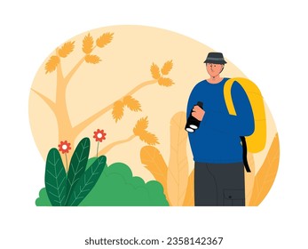 Standing looking for a good place to do bird watching, hobby exploring nature, vector illustration.
