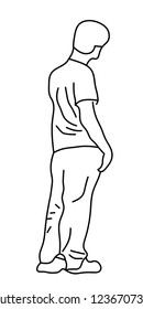 Standing and looking man silhouette, black and white sketch.