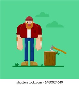 STANDING LUMBERJACK FLAT ILLUSTRATION DESIGN WITH AXE AND LOG