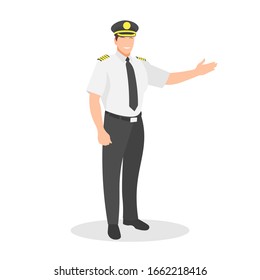 Standing male airline or airplane pilot welcoming people on board. Smiling plane captain or crew or commander. Airline uniform - Simple flat vector character illustration.