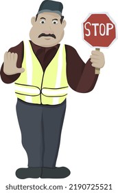 Standing Male Crossing Guard Holding Stop Sign And Making Stop Hand Gesture Cartoon Illustration