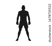 Standing male muscular MMA fighter black and white silhouette. Martial Arts concept. Professional kickboxing or wrestling match concept. Man ready for match - Vector icon sign or symbol illustration