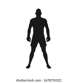 Standing male muscular MMA fighter black and white silhouette. Martial Arts concept. Professional kickboxing or wrestling match concept. Man ready for match - Vector icon sign or symbol illustration