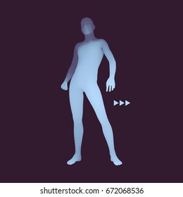 Ständiger Mann. 3D-Modell des menschlichen Körpers. Design-Element. Der Mensch steht auf seiner Fülle. Vektorgrafik.