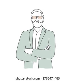 Standing man with arms crossed. Hand drawn vector illustration.