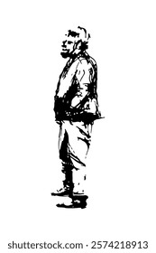 Standing man with a beard in a suit, hands in his pockets. Full-body character. Hand-drawn sketch.