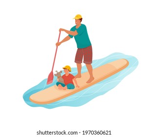 Standing man with boy and dog is paddling with paddle board on the water. Sup boarding outdoor activity. Vector isolated colorful illustration in cartoon style. 